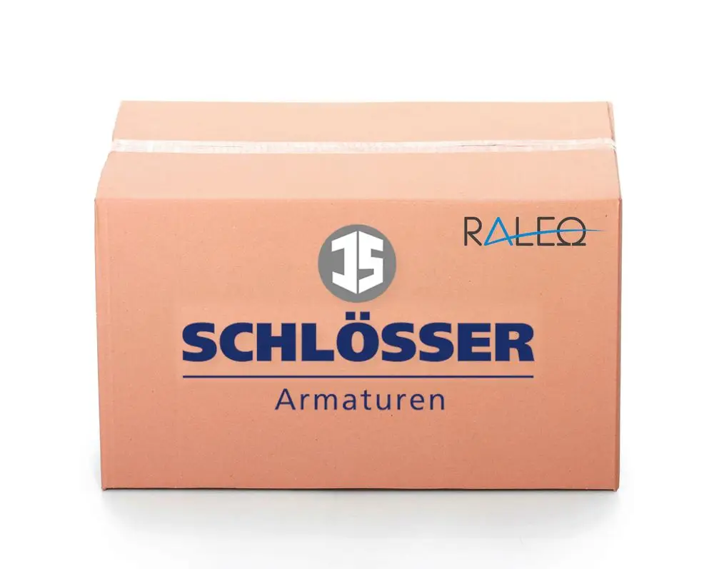 Kartonschachtel mit dem Aufdruck "SCHLÖSSER Armaturen" und dem Logo des Herstellers "RALEO".